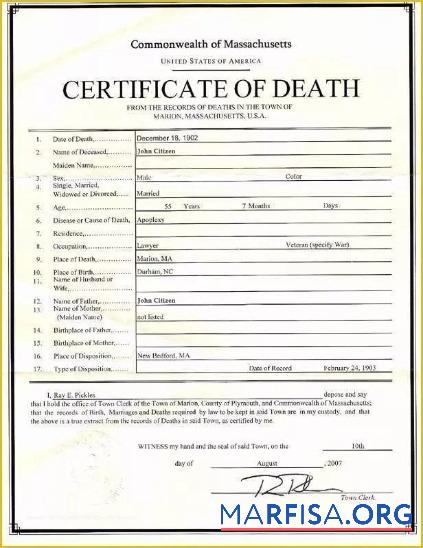 Printable USA Commonwealth of Massachusetts the records of deaths in Marion death certificate real example